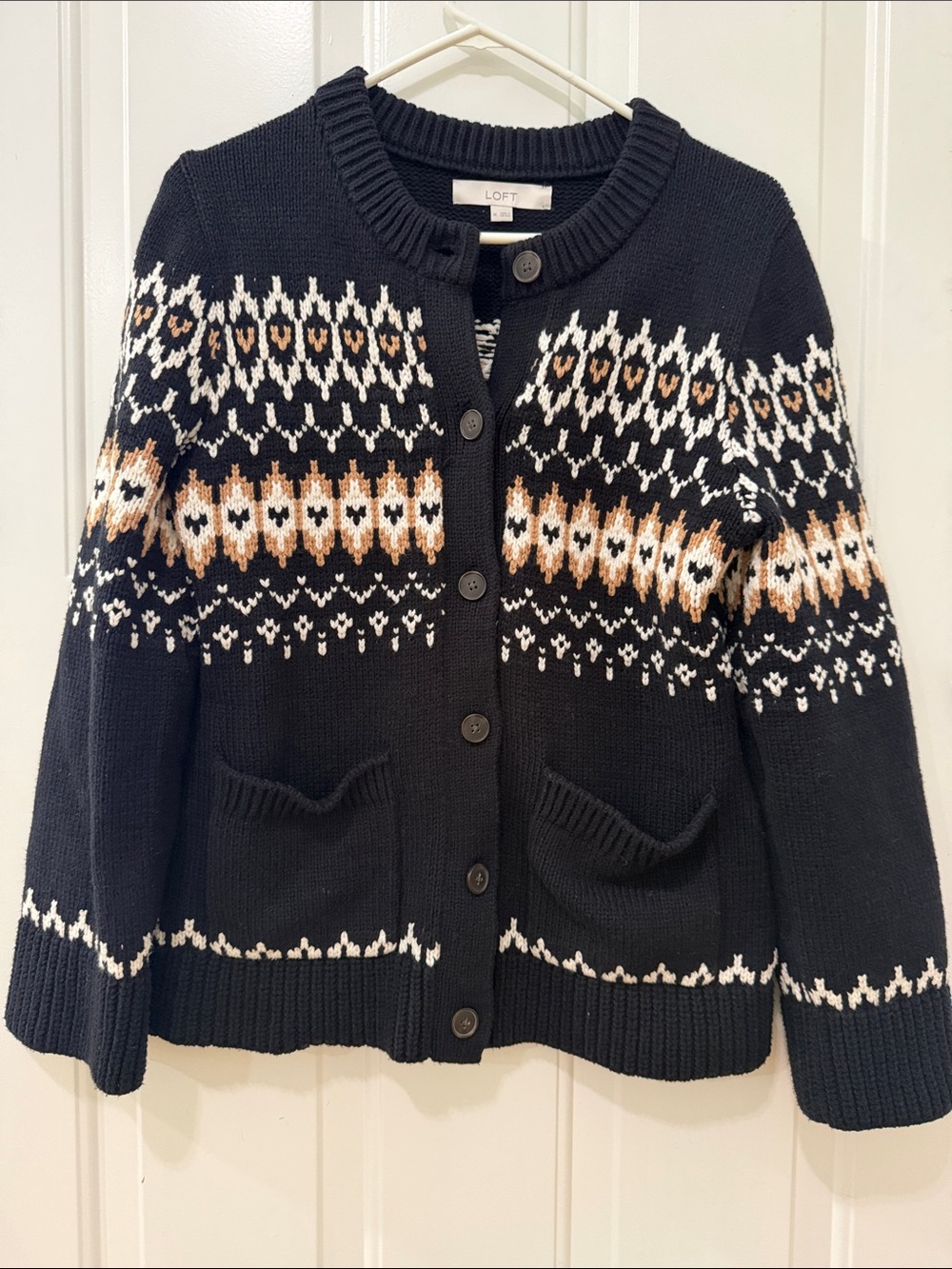 LOFT Black Cardigan with Cream and Brown Fair Isle Pattern